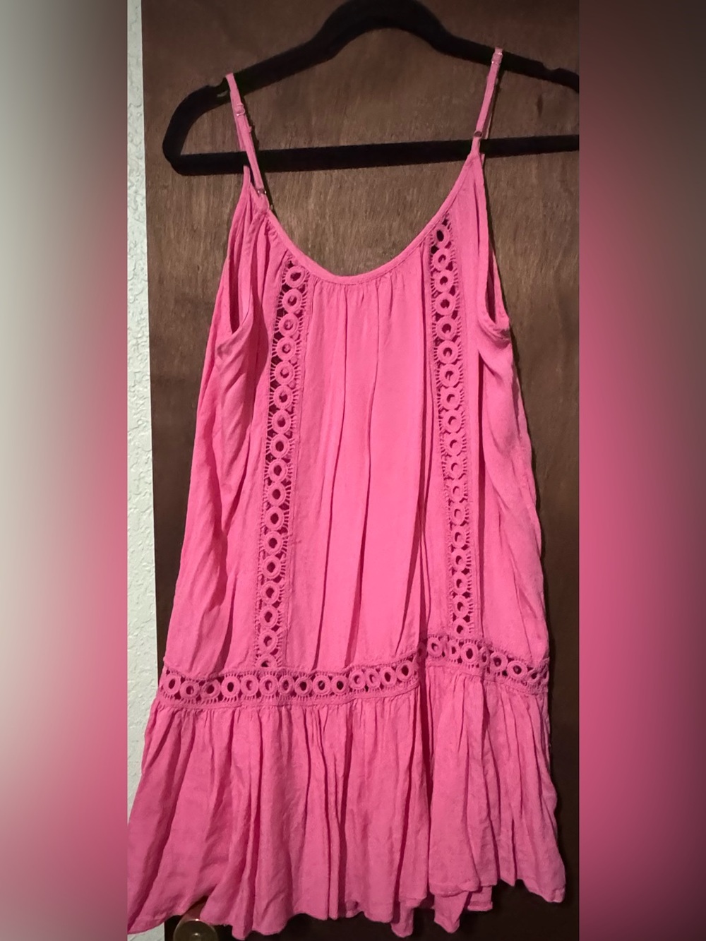 SHEIN Pink Crochet Trim Spaghetti Strap Camisole Dress